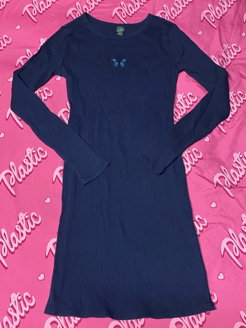 NWOT Wild Fable Ribbed Navy Blue Butterfly 90s 2000s Y2K Long Sleeve Dress